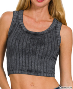 ASH BLACK RIBBED SLEEVELESS SCOOP NECK CROPPED TANK TOP