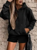 Black Button Drawstring Hooded Pullover and Casual Short Set