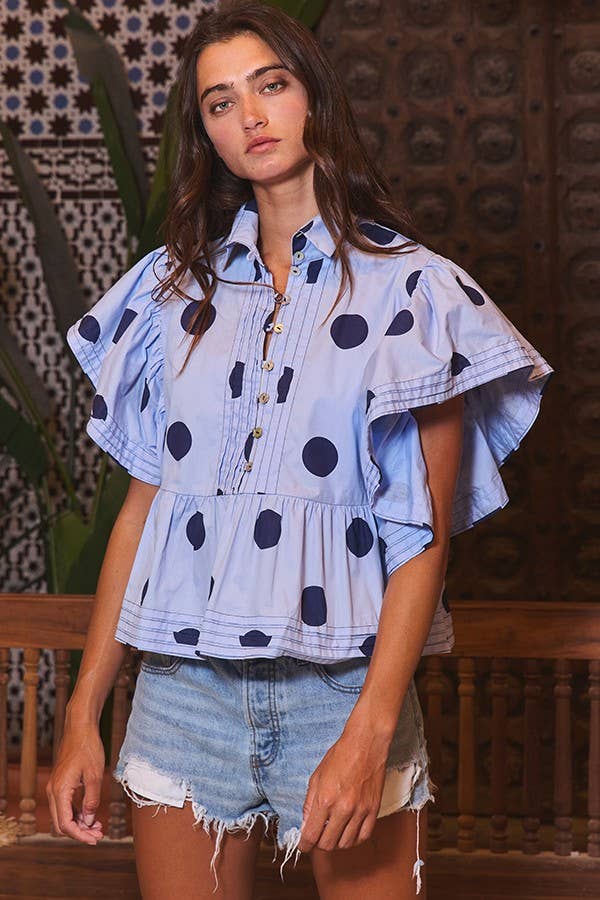 Ruffle Sleeves Pintuck Detail Polka Dot Print top up