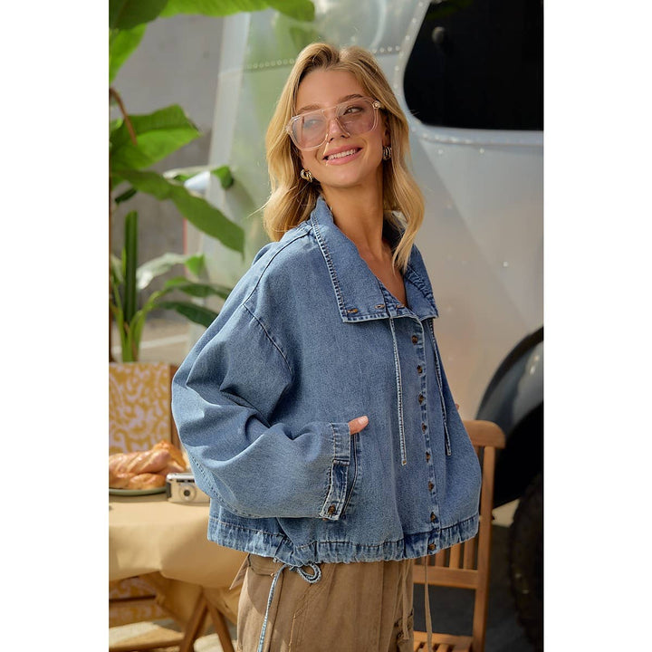 LIGHTWEIGHT WASHED DENIM DRAWSTRING HEM JACKET