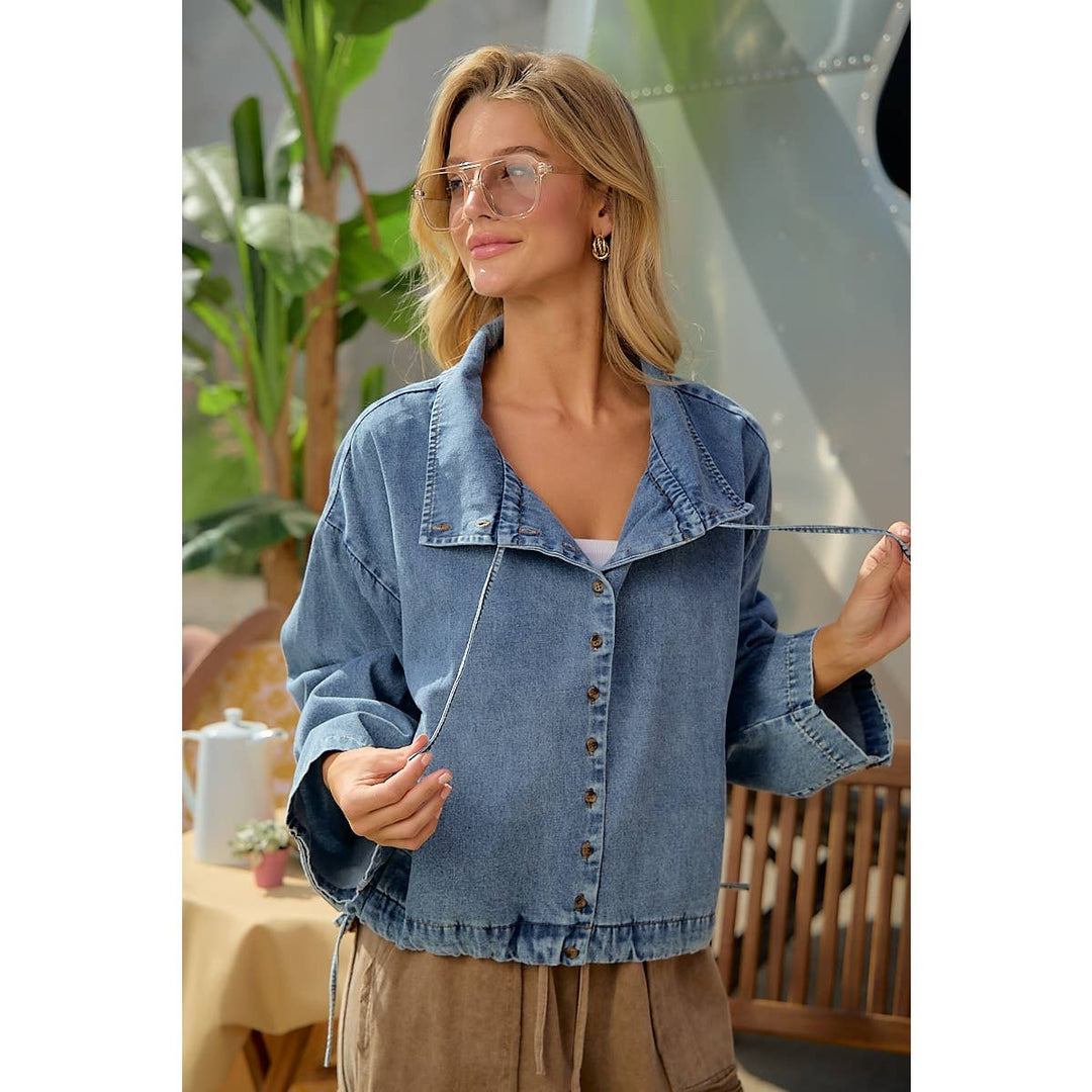 LIGHTWEIGHT WASHED DENIM DRAWSTRING HEM JACKET