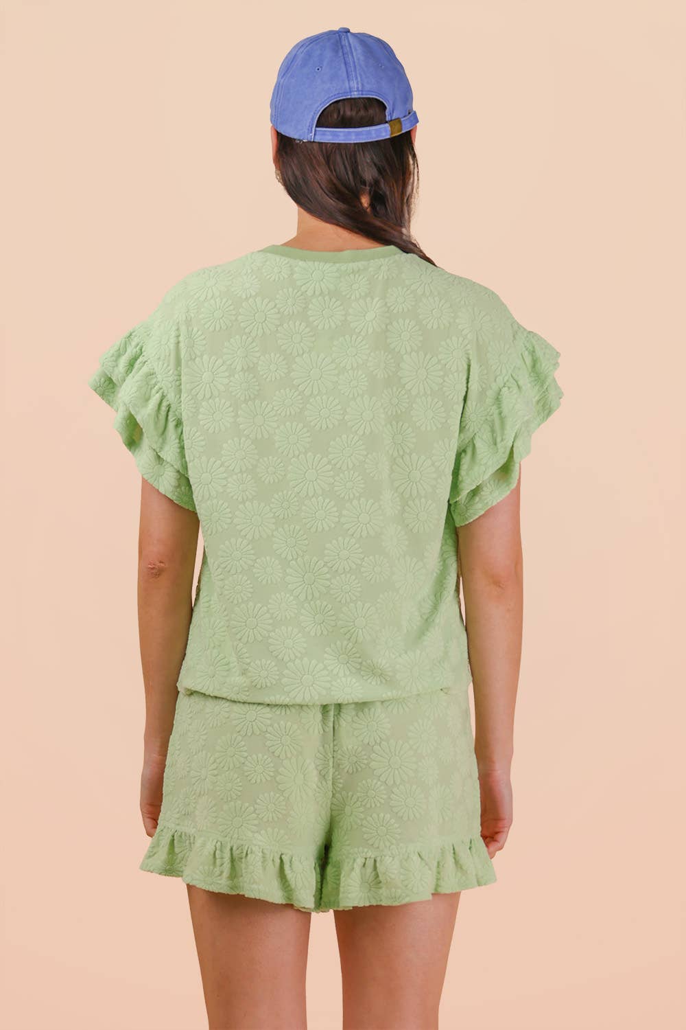 Floral Textured Ruffled Knit Top & Shorts Set