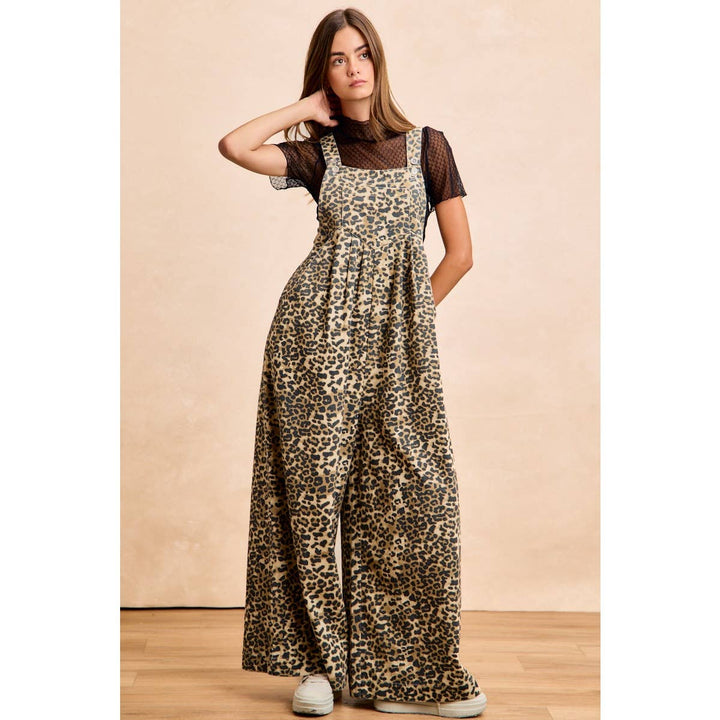 COTTON TWILL LEOPARD PRINT WIDE LEG OVERALLS