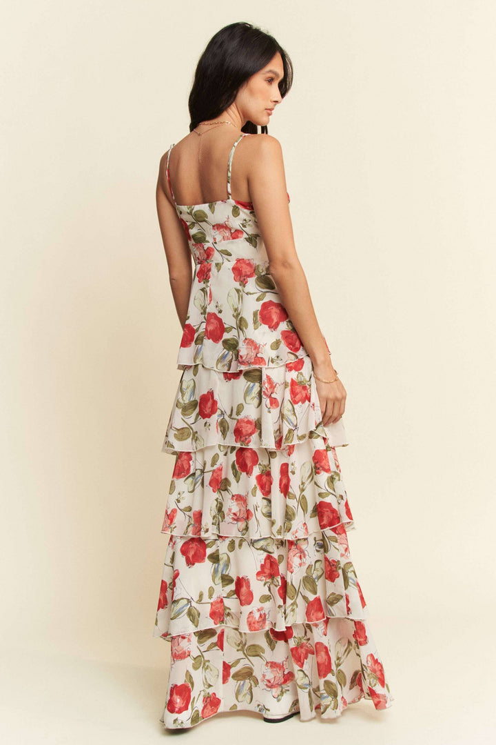 CONTRAST RED  LACE CAMI TIERED RUFFLE MAXI DRESS