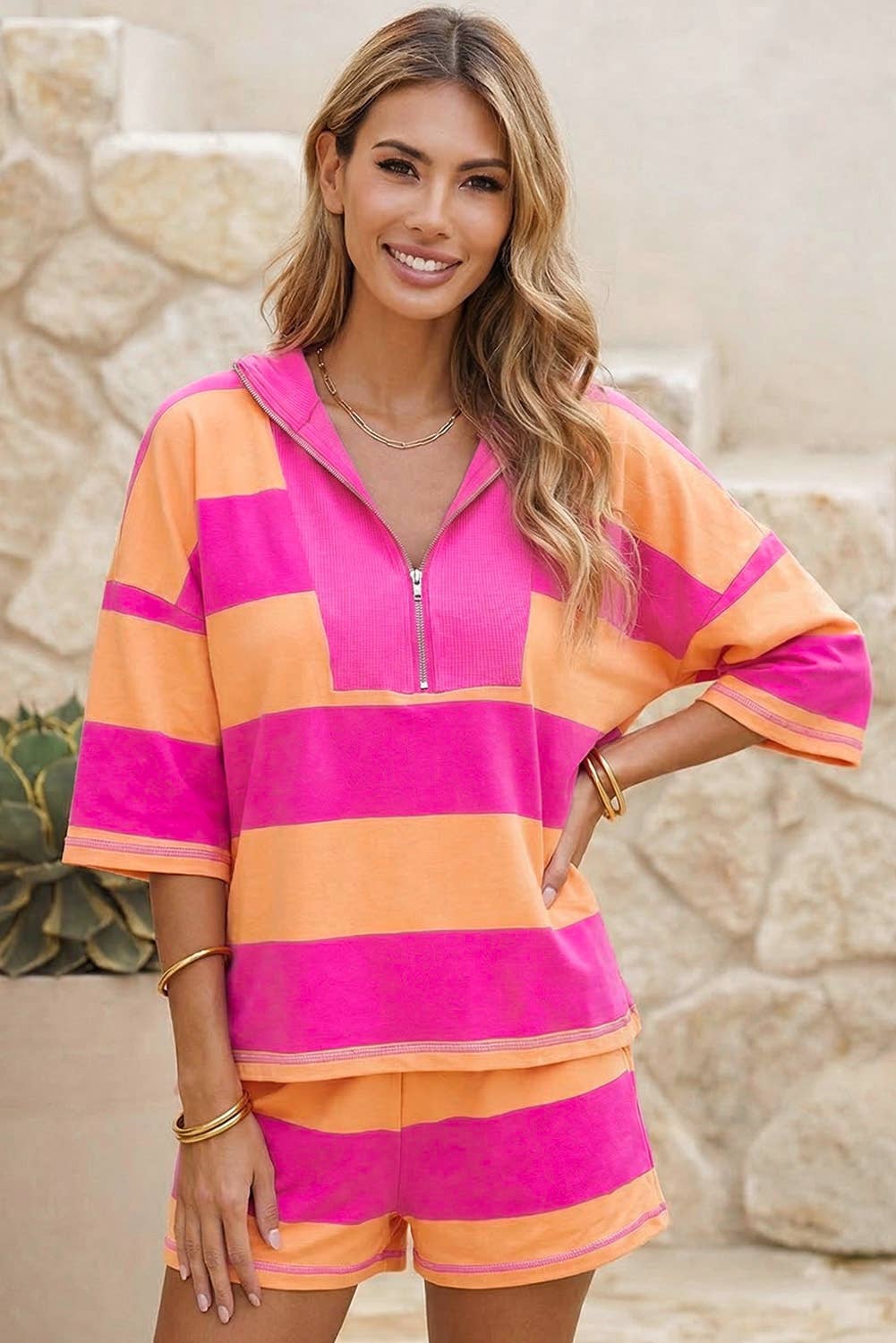Half Zip Oversize Tee Casual Shorts 2pcs Set
