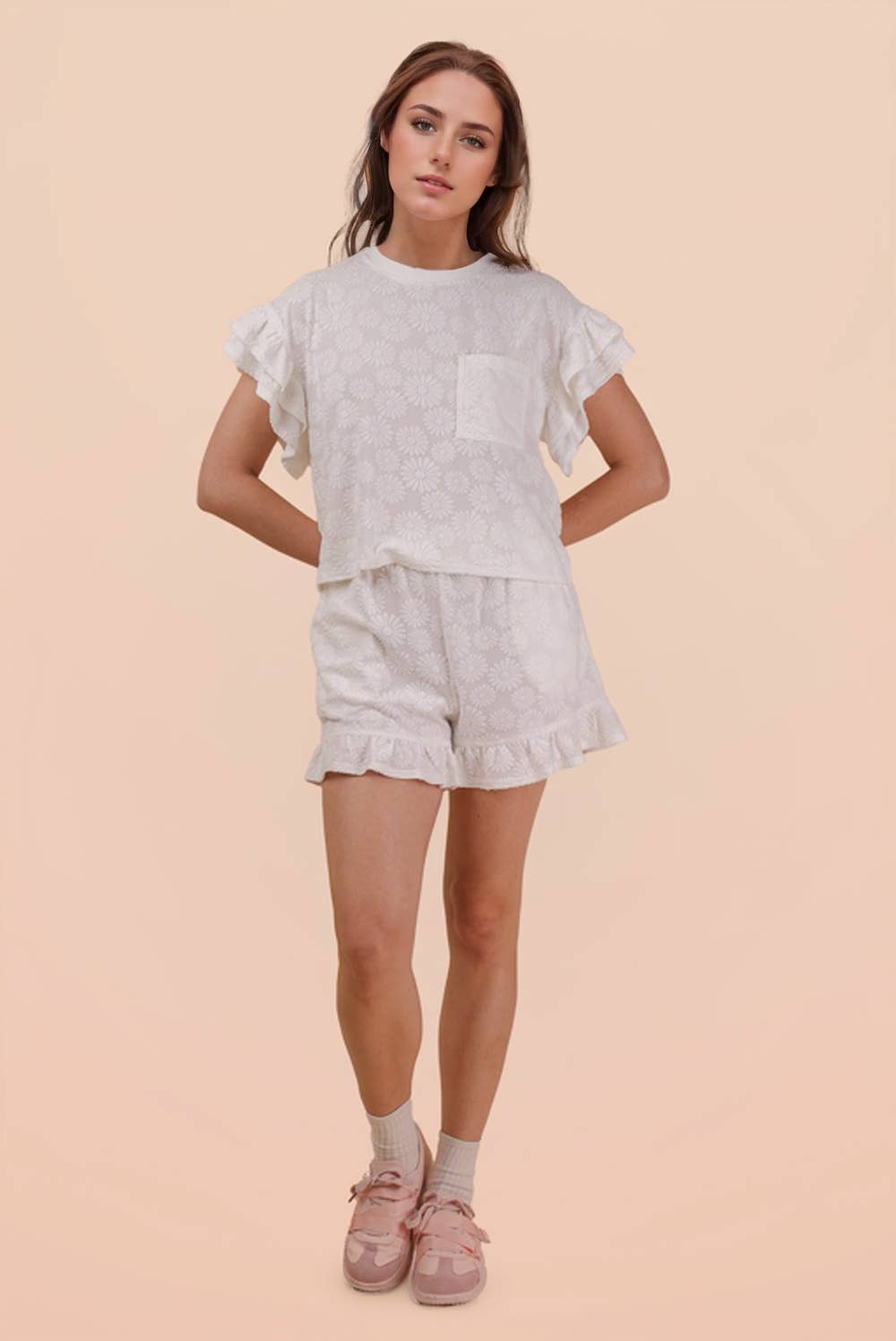 Floral Textured Ruffled Knit Top & Shorts Set