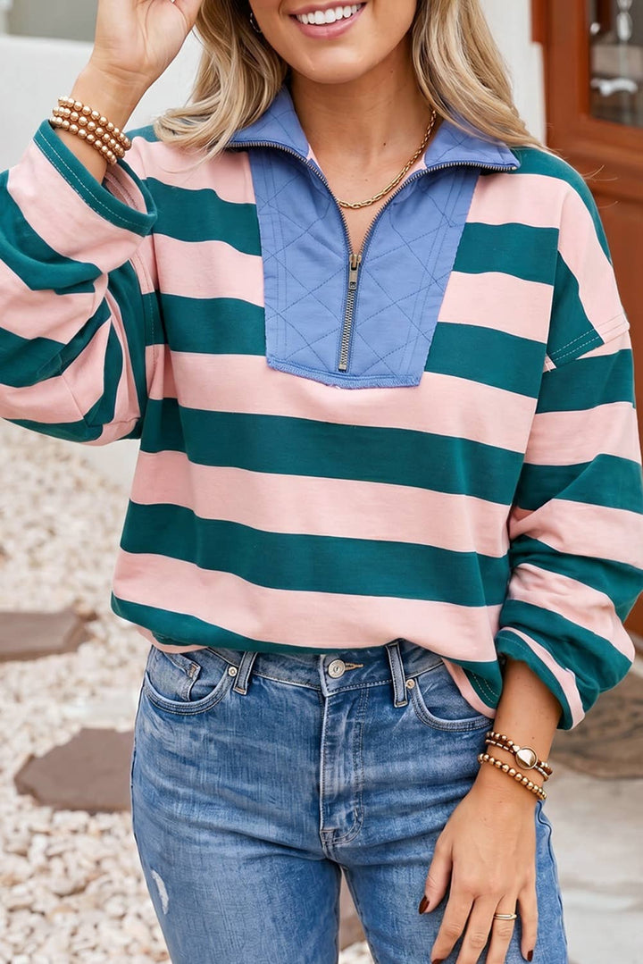 Striped Quarter-Zip Metal Zipper Cover Stitch Hem Blouse