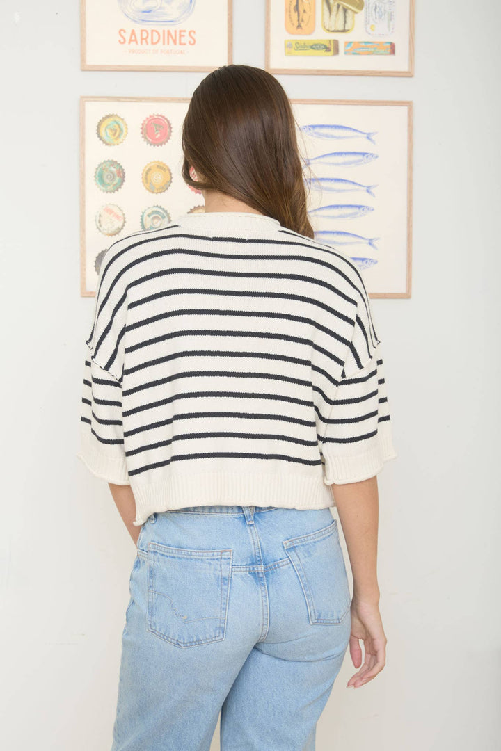 STRIPE RAW EDGE DROP SHOULDER SHORT SLEEVE SWEATER