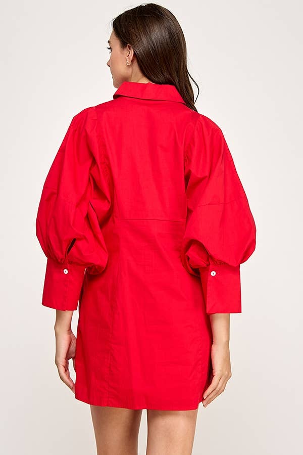 Balloon Sleeve Tie-Waist Mini Shirt Dress  PINK