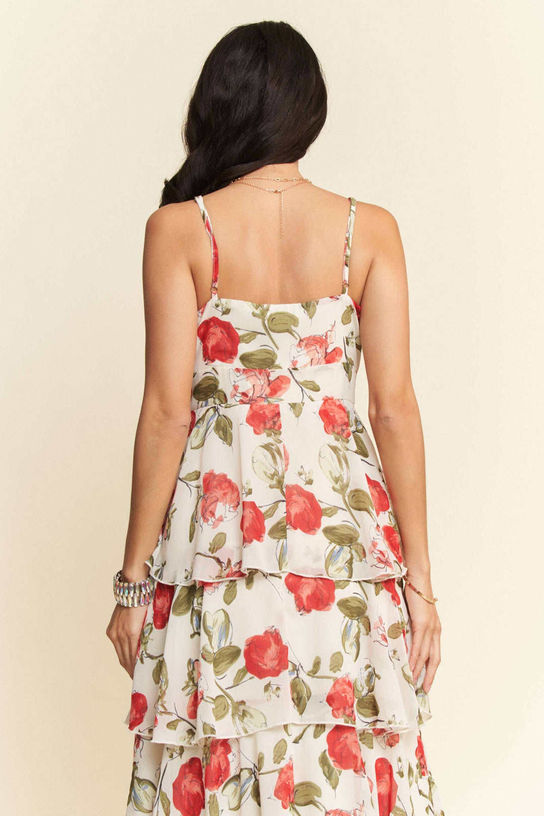 CONTRAST RED  LACE CAMI TIERED RUFFLE MAXI DRESS