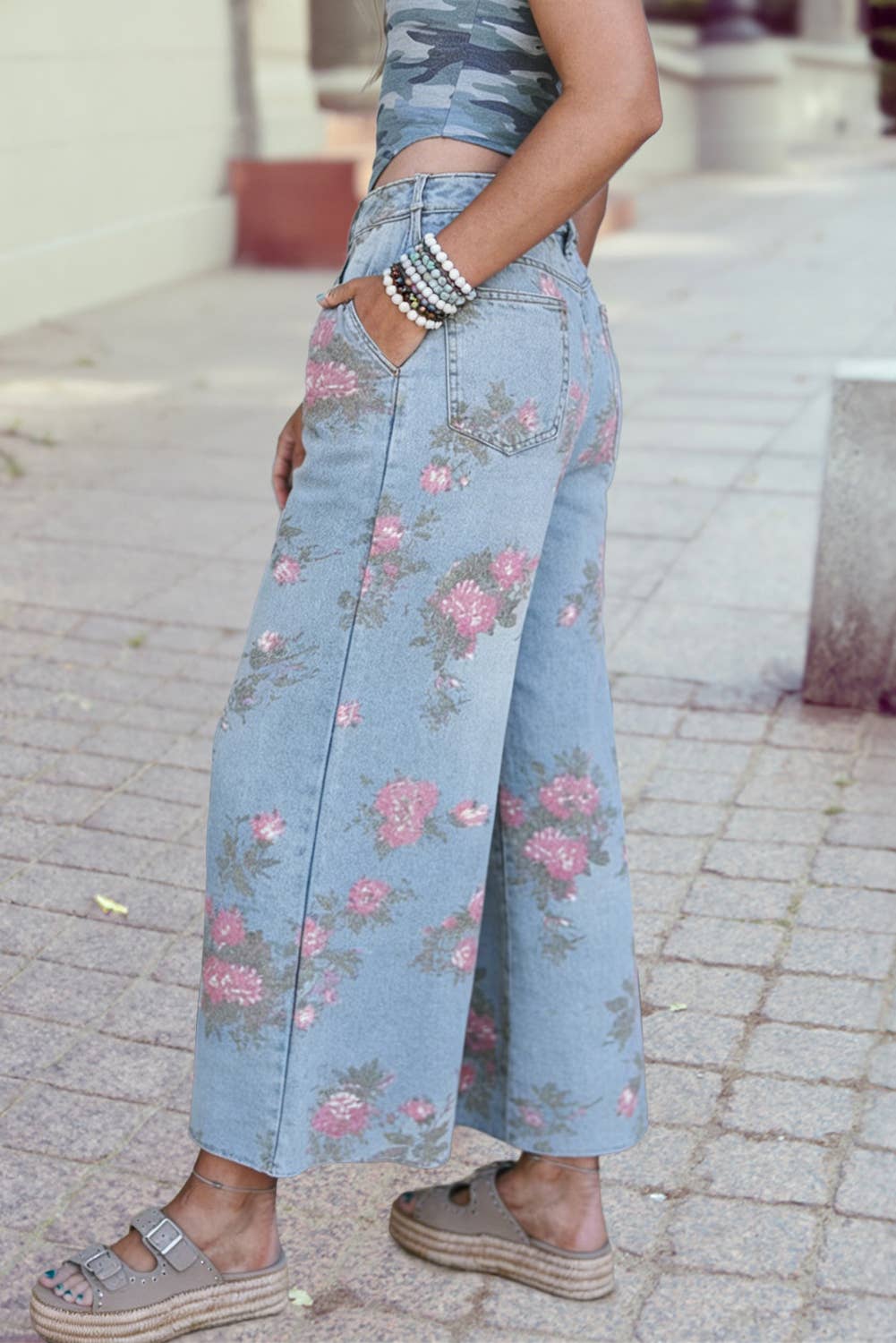 Garden Floral Print Bootcut Wide Leg High Waisted Jeans
