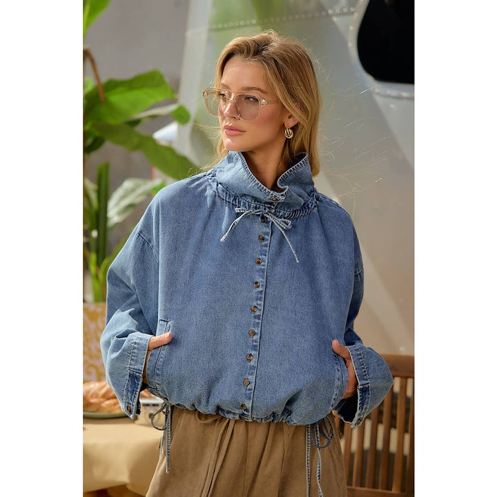 LIGHTWEIGHT WASHED DENIM DRAWSTRING HEM JACKET