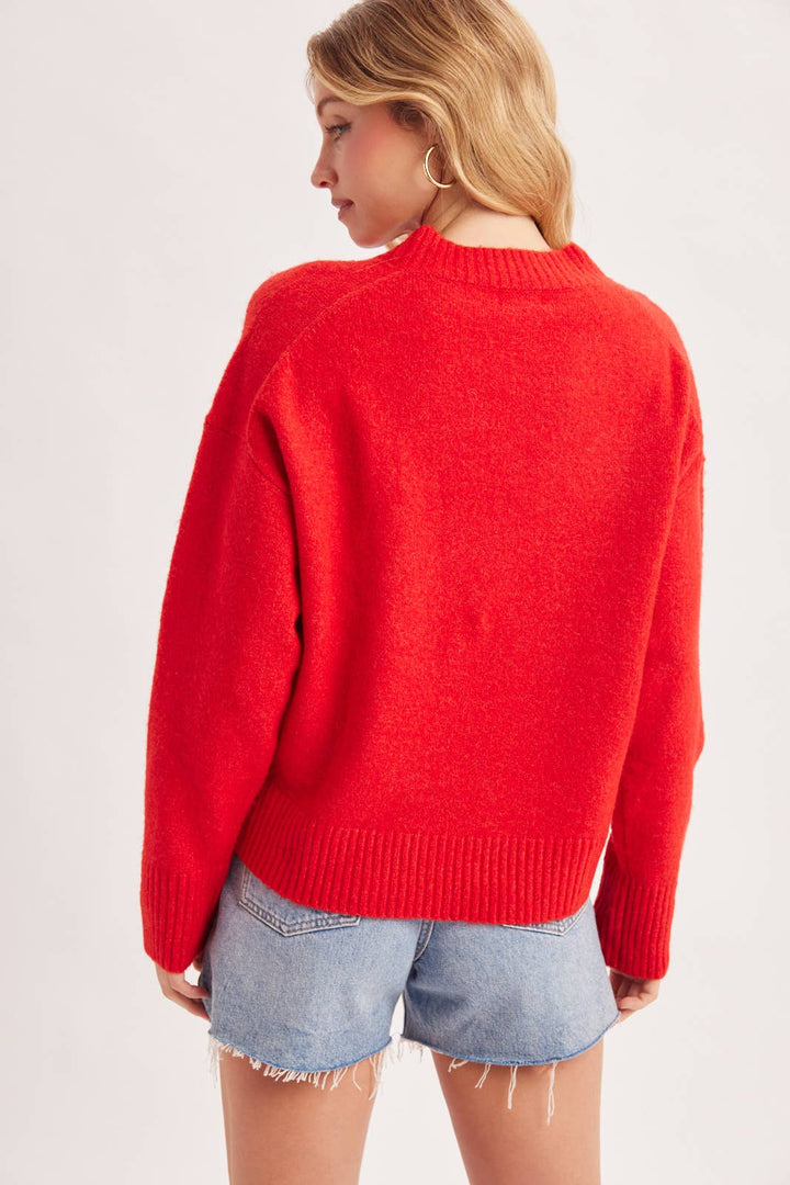 V-NECK FUZZY KNIT SWEATER