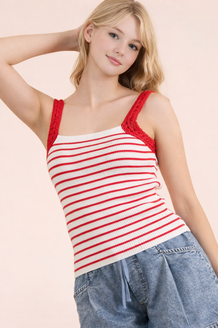 Crochet Sleeve Striped Knit Tank Top