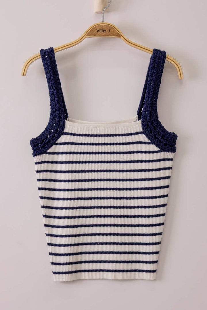 Crochet Sleeve Striped Knit Tank Top