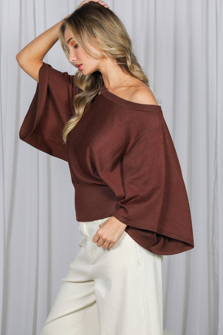Flattering Batwing 3/4 Dolman Sleeve Knitted Sweater VT83572