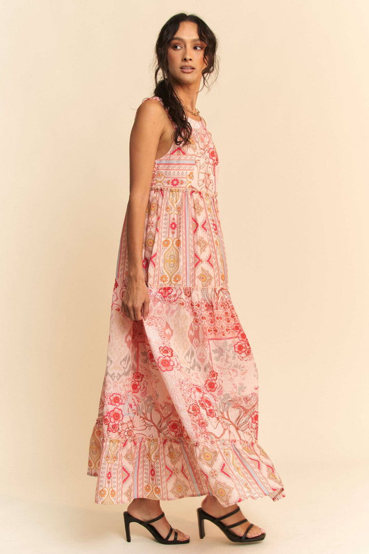 GEO FLORAL MIX SLEEVELESS TIRERED MAXI DRESS