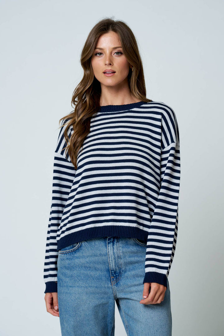 STRIPE RELAXED BACK BUTTON DETAIL KNIT SWEATER
