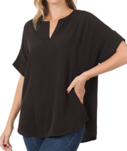 Heavy woven split neck short sleeve top