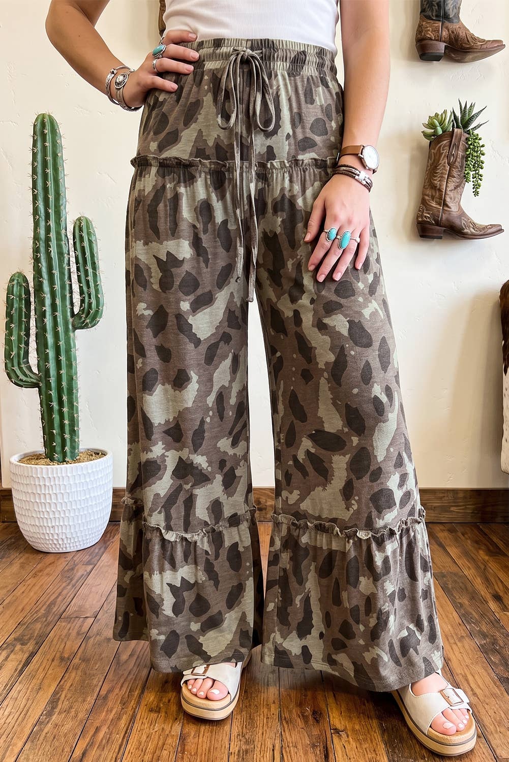 Camo Print Wide Leg Casual Pants