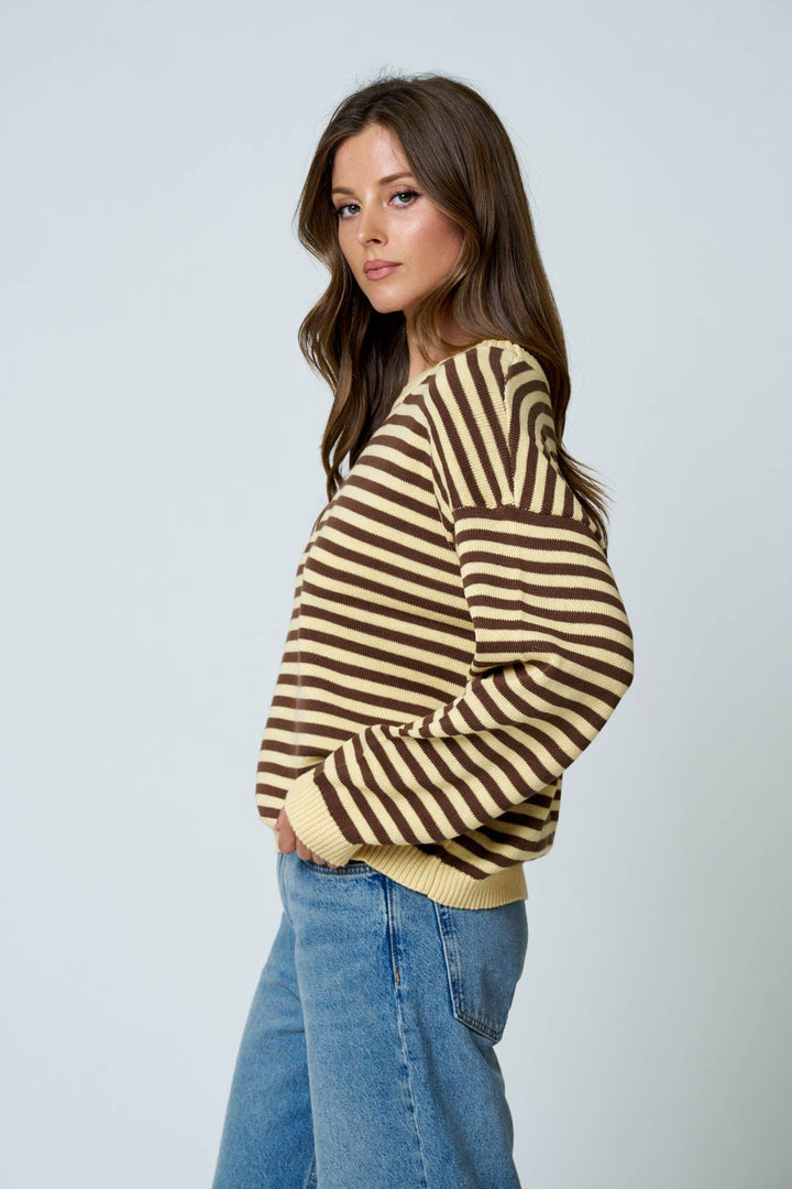 STRIPE RELAXED BACK BUTTON DETAIL KNIT SWEATER