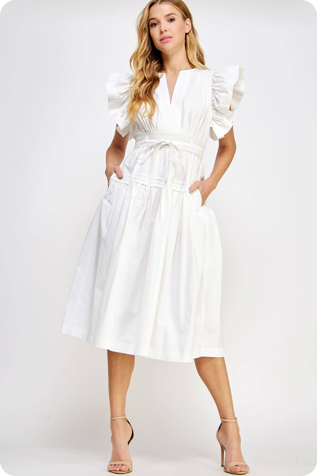 Chambray Flutter Sleeve Poplin Midi Dress