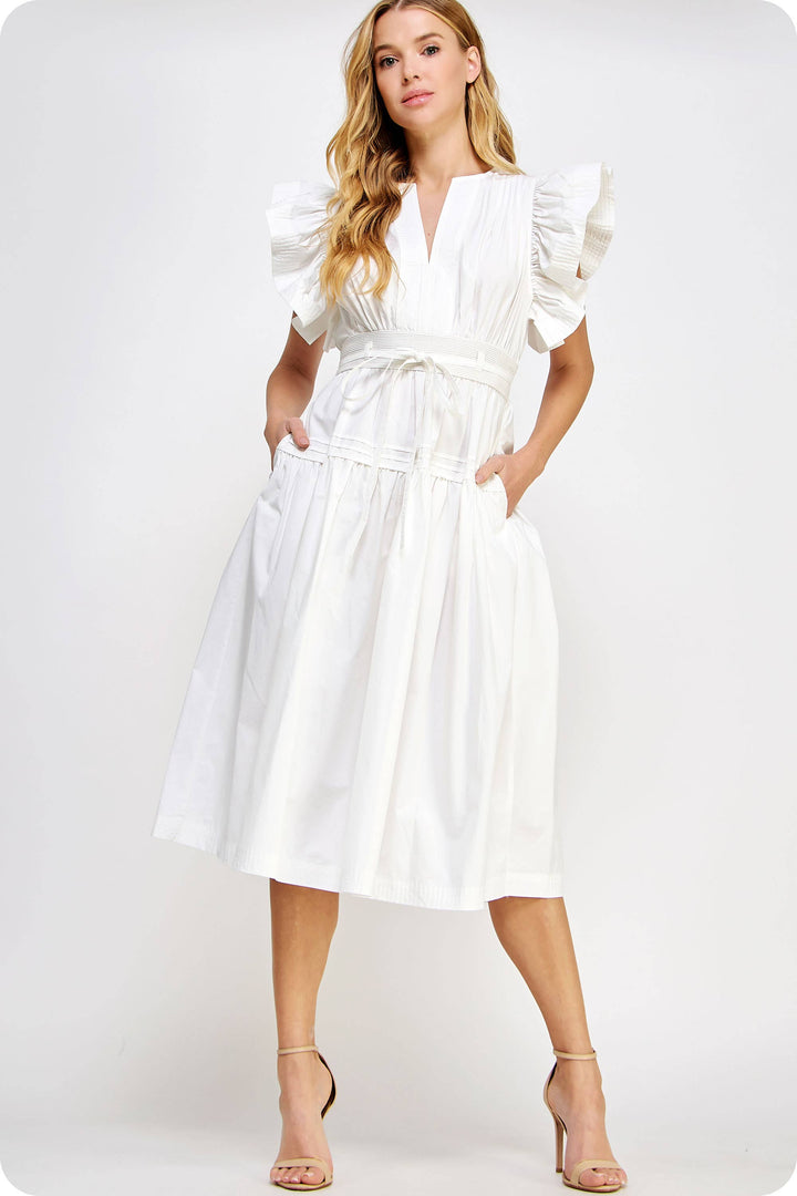 Chambray Flutter Sleeve Poplin Midi Dress