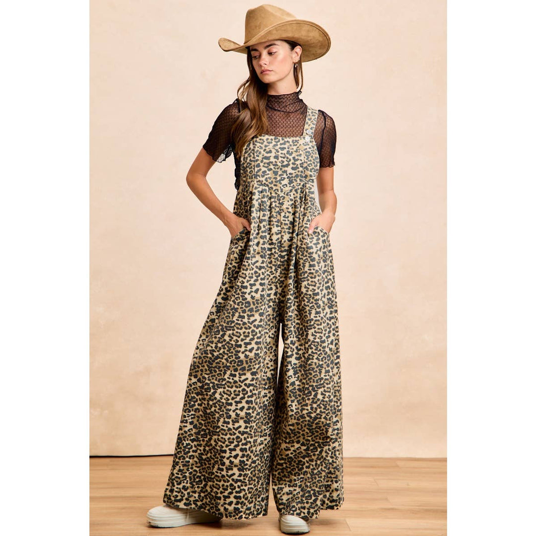 COTTON TWILL LEOPARD PRINT WIDE LEG OVERALLS