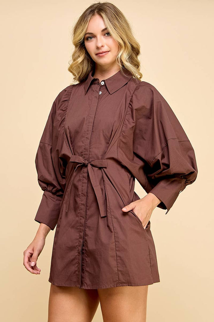Balloon Sleeve Tie-Waist Mini Shirt Dress  PINK