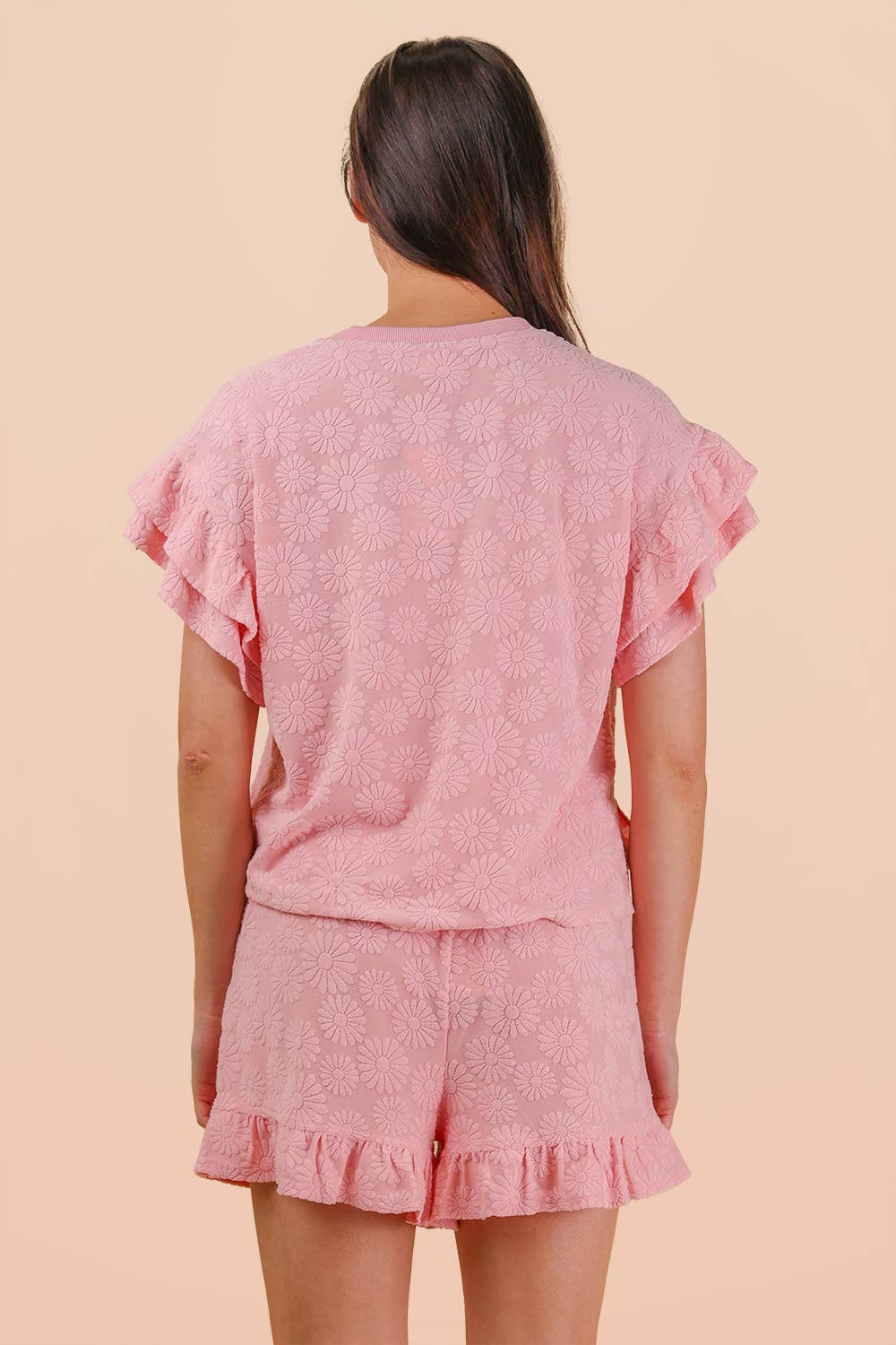 Floral Textured Ruffled Knit Top & Shorts Set