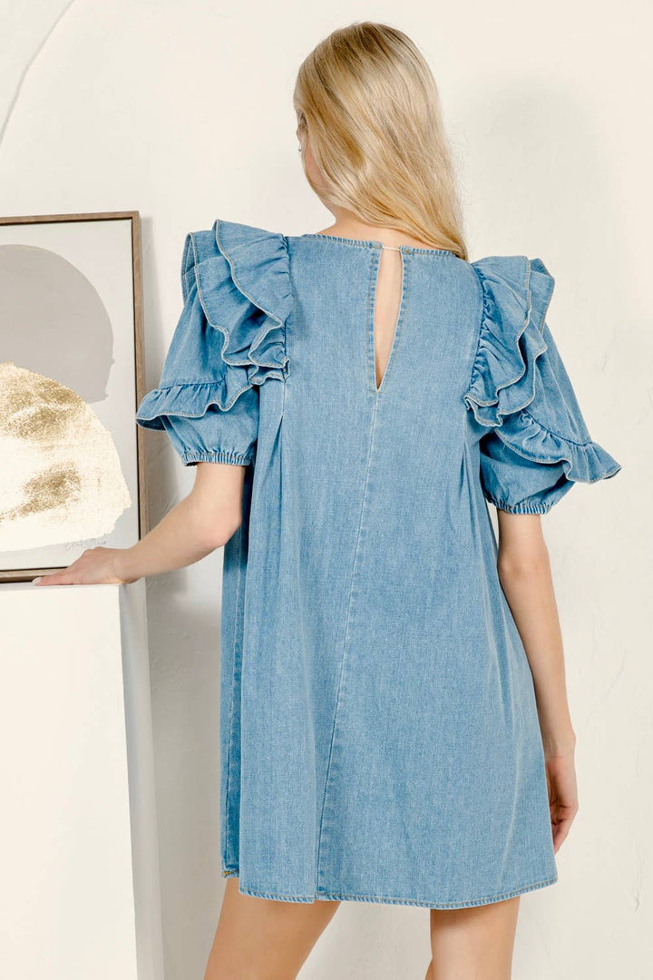 Ruffle Shoulder Denim Mini Dress with Puff Sleeves