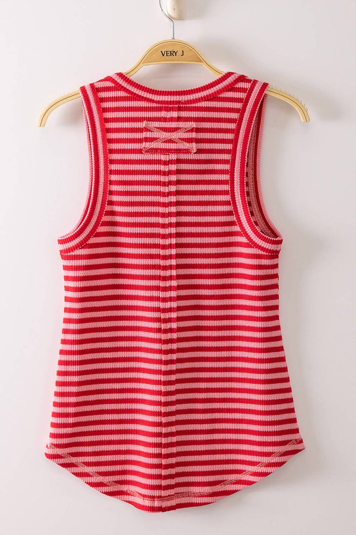Striped & Solid Button Down Fitted Knit Tank Top