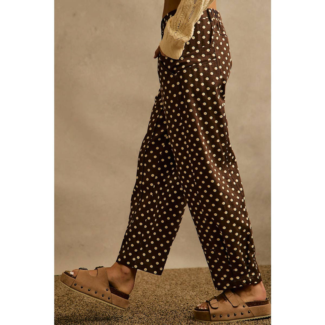 POLKA DOT PRINT TWILL MID RISE WIDE PANTS