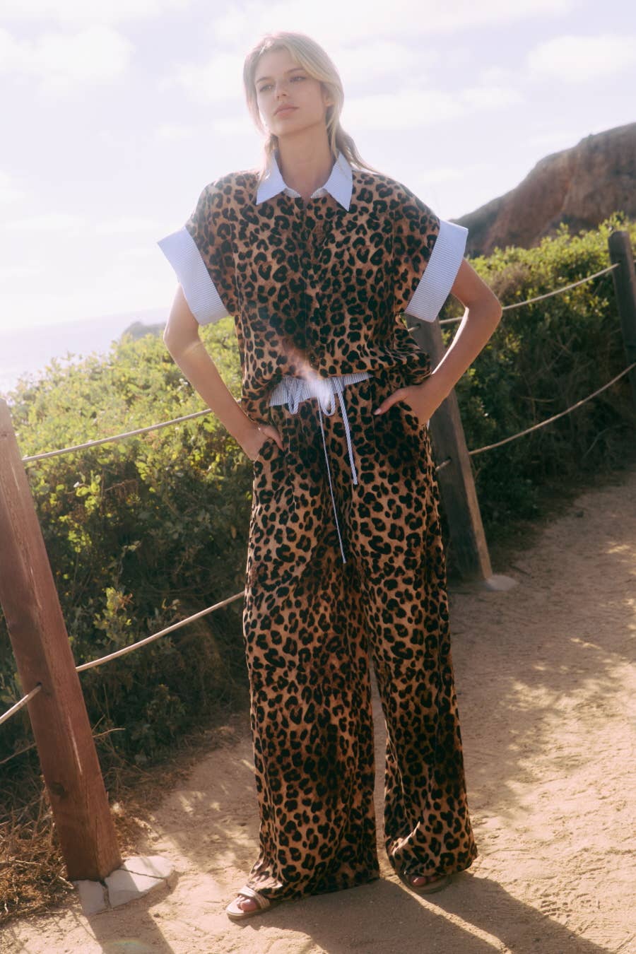 Leopard Printed Shirt Wide Leg Pants Set