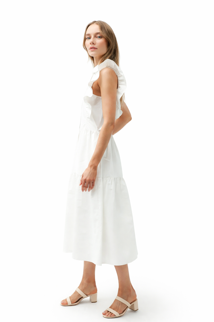 Ruffle Trim Button-Down Tiered Midi Dress WHITE