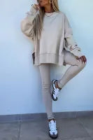 Oversize Slit Sweatshirt Ribbed Leggings 2pcs Set Tan