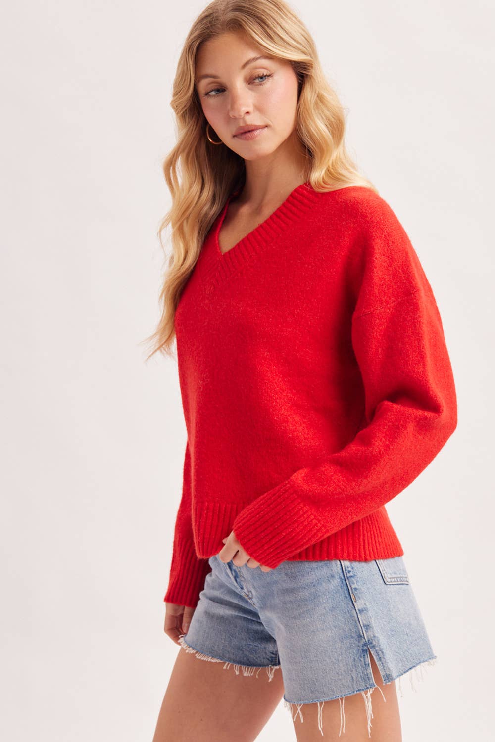 V-NECK FUZZY KNIT SWEATER