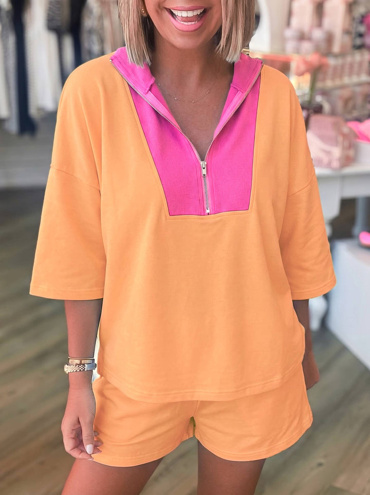 Half Zip Oversize Tee Casual Shorts 2pcs Set