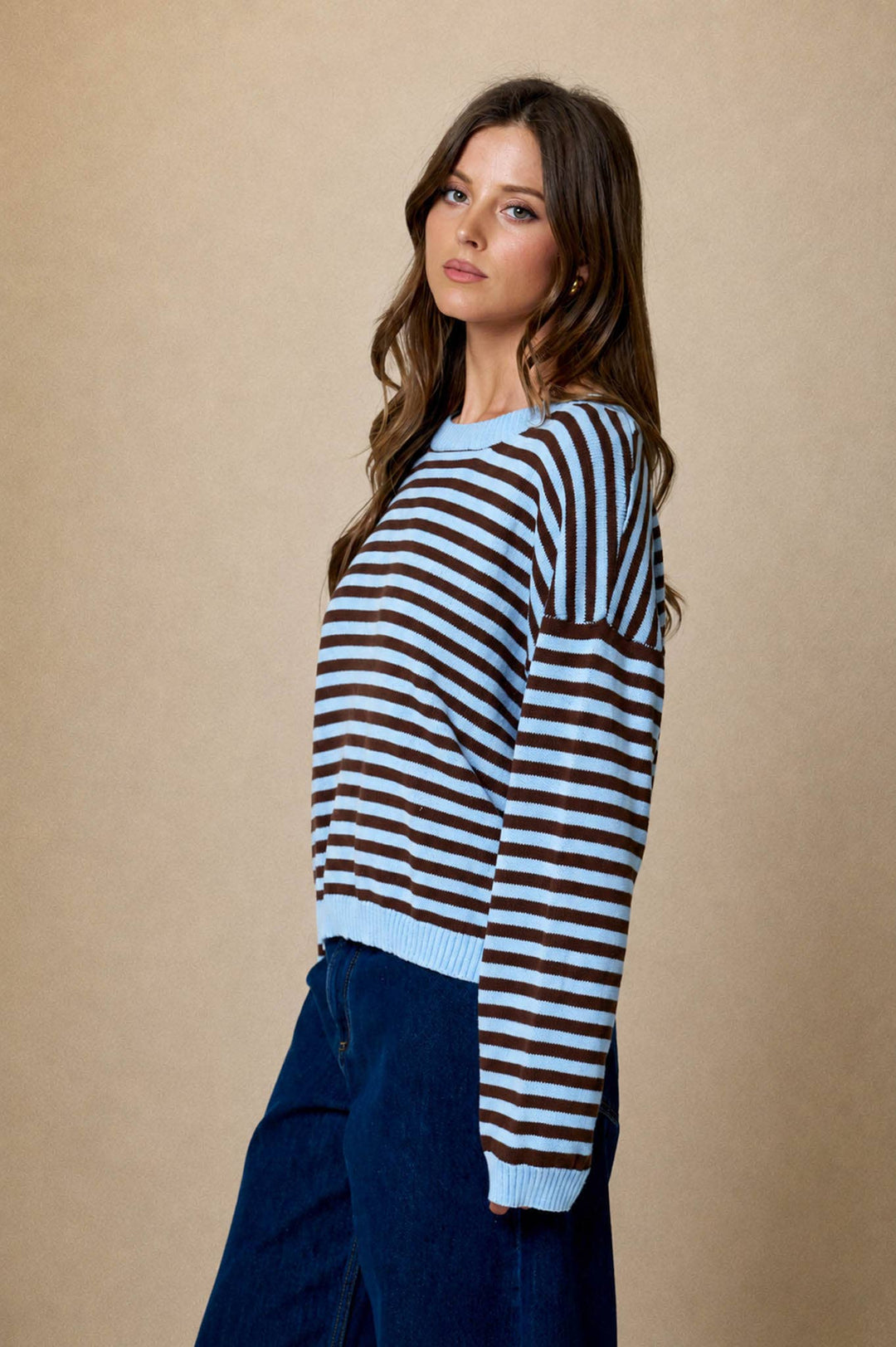 STRIPE RELAXED BACK BUTTON DETAIL KNIT SWEATER