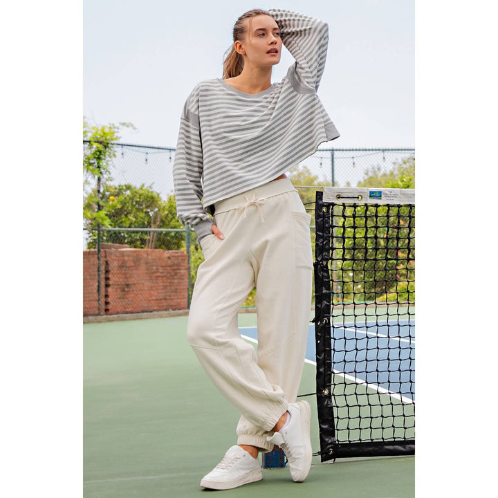STRIPED TERRY OPEN BACK LONG SLEEVE TOP