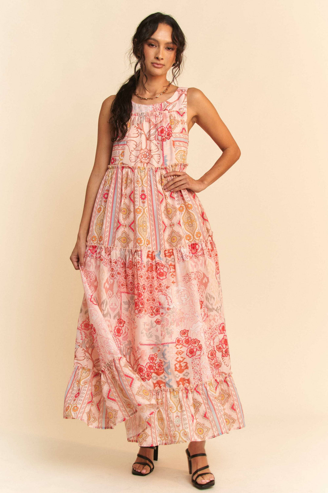 GEO FLORAL MIX SLEEVELESS TIRERED MAXI DRESS