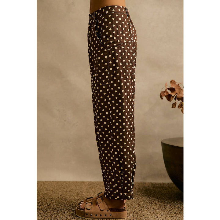 POLKA DOT PRINT TWILL MID RISE WIDE PANTS
