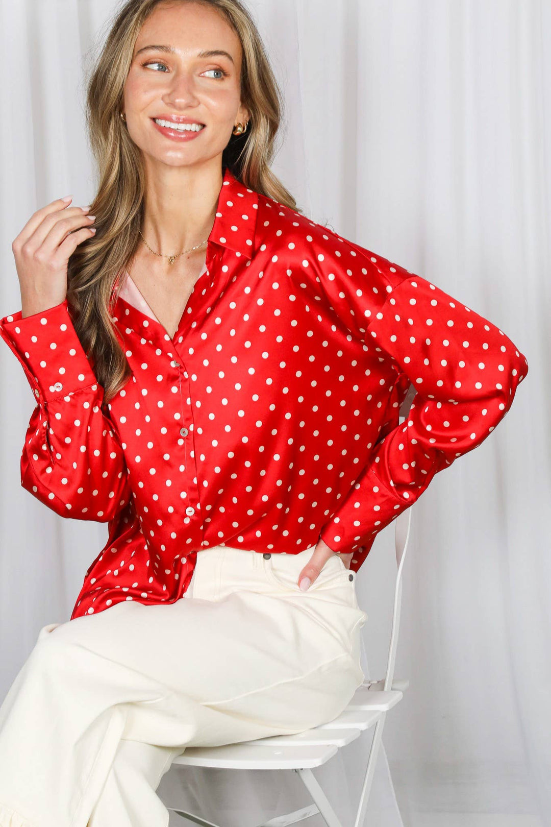 Polka Dot Collared Long-Sleeve Satin Blouse Top