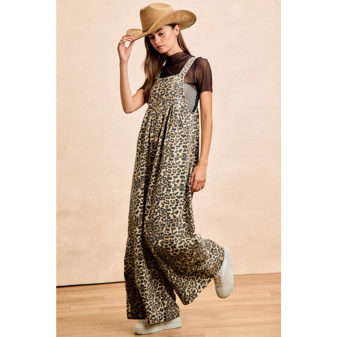 COTTON TWILL LEOPARD PRINT WIDE LEG OVERALLS