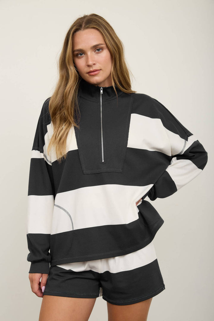 WIDE STRIPE HALF ZIP LONG SLEEVE KNIT SET