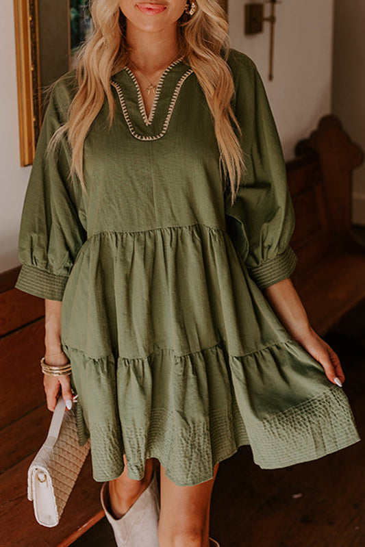 Green Contrast Stitched V Neck 3/4 Sleeve Tiered Mini Dress