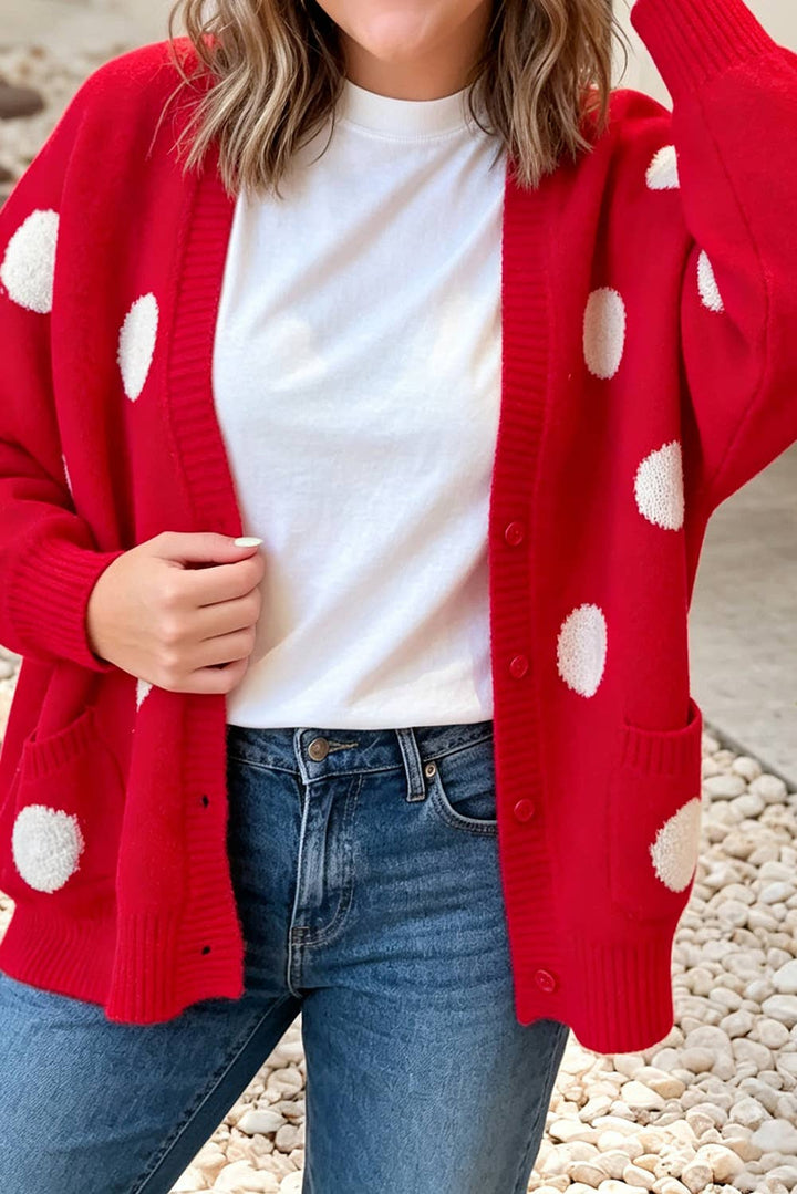 Polka Dot Button Front Oversized V Neck Cardigan