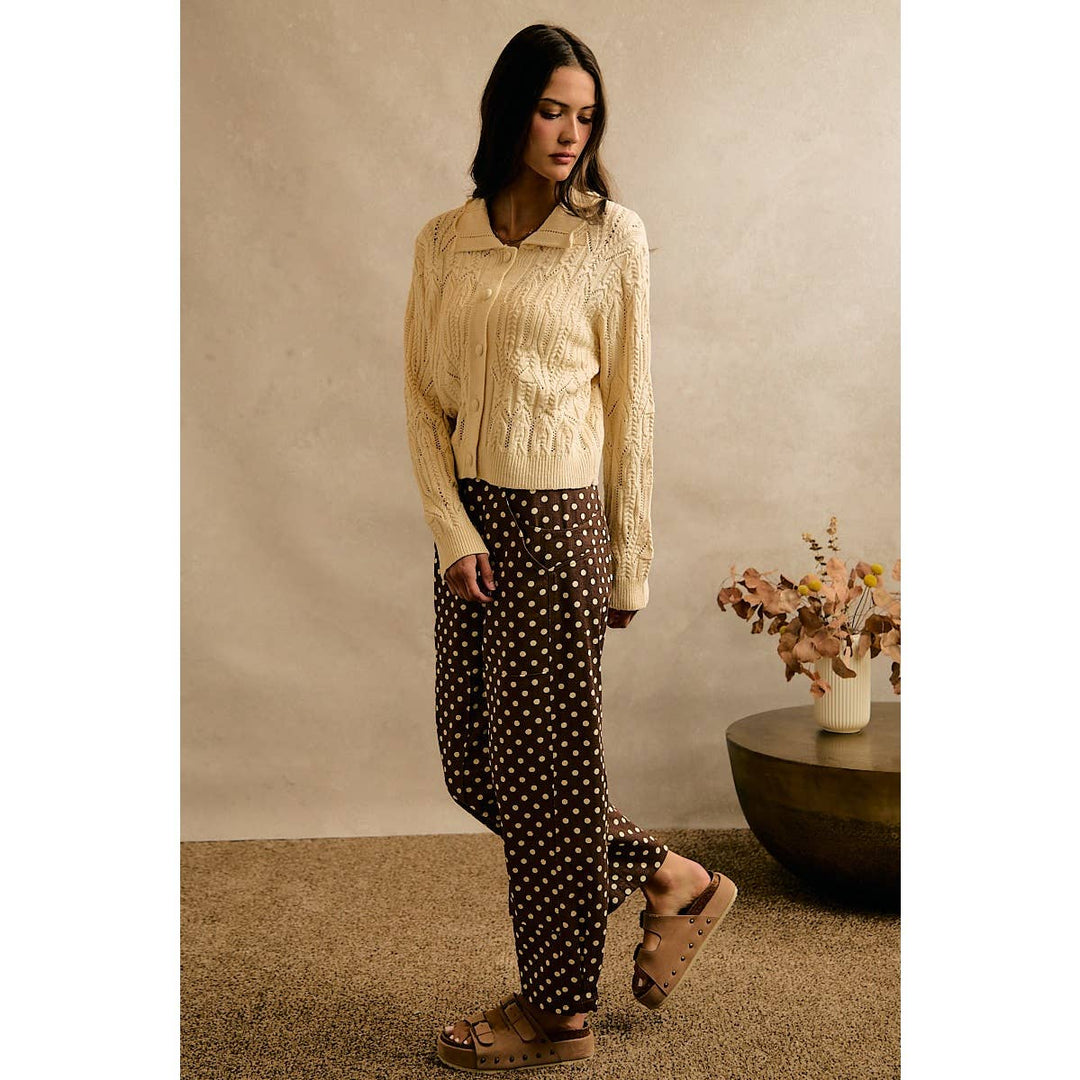 POLKA DOT PRINT TWILL MID RISE WIDE PANTS
