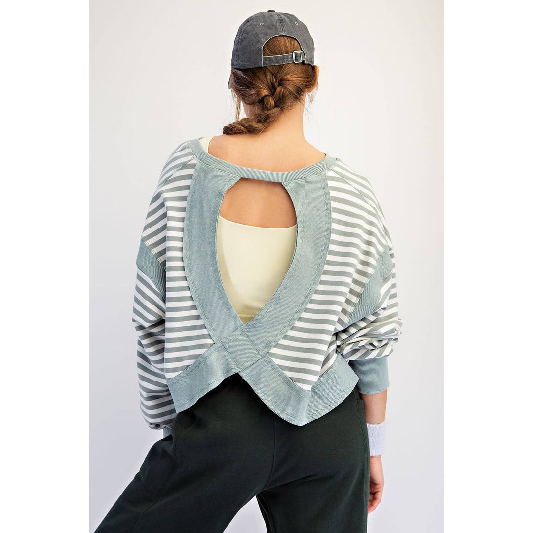 STRIPED TERRY OPEN BACK LONG SLEEVE TOP