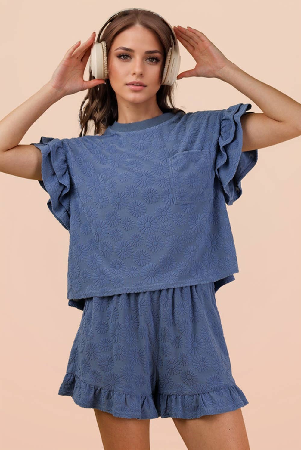 Floral Textured Ruffled Knit Top & Shorts Set